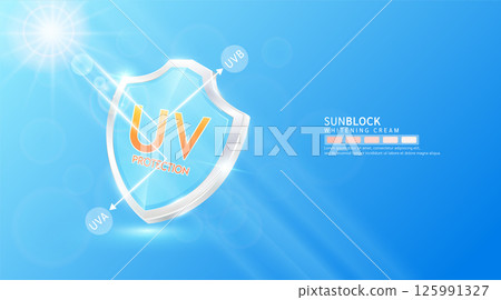 UV protection. Glass shield transparent and arrow reflects light UVA UVB. Protects against sunlight ultraviolet attacks. For design cream skin care sunscreen cosmetic products ads. Banner vector. UV protection. Glass shield transparent and arrow reflects light UVA UVB. Protects against sunlight ultraviolet attacks. For design cream skin care sunscreen cosmetic products ads. Banner vector. 125991327