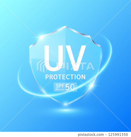 UV protection and SPF 50 PA in glass shield translucent surrounded by ring. Protects against UVA, UVB, sunlight and ultraviolet attacks. For design cosmetic products ads. Health care concept. Vector. 125991350