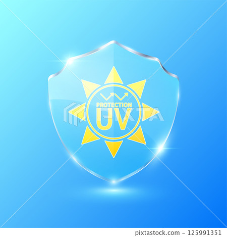 UV protection and yellow sun in glass shield translucent blue. Protects against UVA, UVB, sunlight and ultraviolet attacks. For design cosmetic products ads. Health care concept. Vector. UV protection and yellow sun in glass shield translucent blue. Protects against UVA, UVB, sunlight and ultraviolet attacks. For design cosmetic products ads. Health care concept. Vector. 125991351