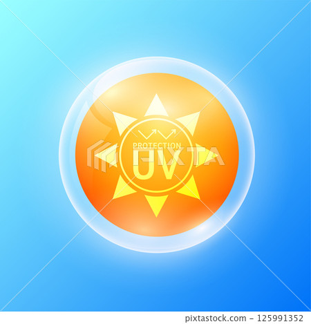 UV protection in orange sun. Protects against UVA, UVB, sunlight and ultraviolet attacks. For design cosmetic products ads. Vector. 125991352