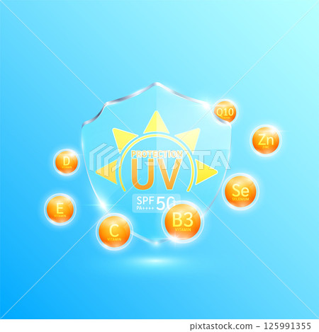 UV protection and SPF 50 PA in glass shield translucent surrounded by orange vitamins minerals. Protects against UVA, UVB, sunlight and ultraviolet attacks. For design cosmetic products ads. Vector. UV protection and SPF 50 PA in glass shield translucent surrounded by orange vitamins minerals. Protects against UVA, UVB, sunlight and ultraviolet attacks. For design cosmetic products ads. Vector. 125991355