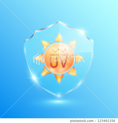 UV protection SPF 50 PA the form of an orange sun in glass shield translucent. Protects against UVA, UVB, sunlight and ultraviolet attacks. For design cosmetic products ads. Vector. 125991356