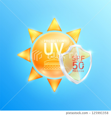UV protection SPF 50 PA in glass shield translucent front of orange sun. Protects against UVA, UVB and ultraviolet attacks. For design cosmetic products ads. Vector. UV protection SPF 50 PA in glass shield translucent front of orange sun. Protects against UVA, UVB and ultraviolet attacks. For design cosmetic products ads. Vector. 125991358