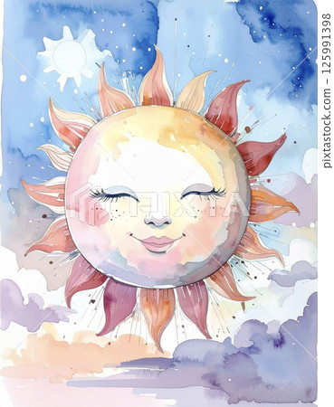 Sun with face watercolor 125991398