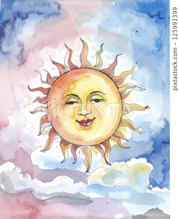 Sun with face watercolor 125991399
