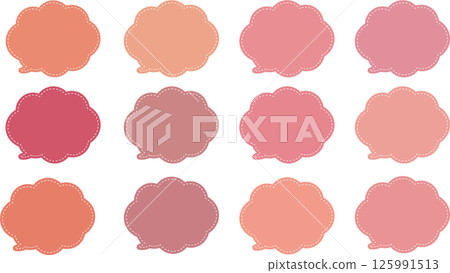 A set of pink cloud-shaped speech bubbles with a white dashed line around the inside and the tail of the speech bubble at the bottom left. A set of pink cloud-shaped speech bubbles with a white dashed line around the inside and the tail of the speech bubble at the bottom left. 125991513