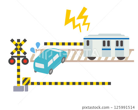 一輛汽車被困在鐵路道口，一列火車鳴響緊急喇叭 125991514