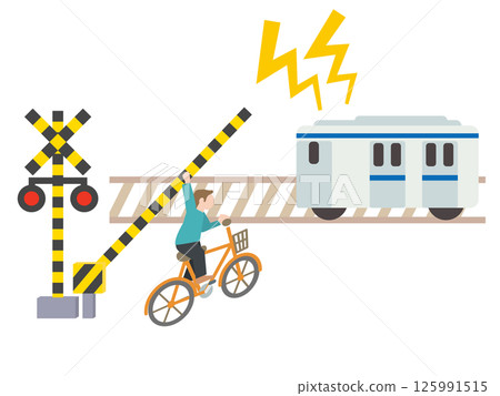 A train manually raises the crossing gate and sounds the horn for a cyclist illegally crossing the line 125991515