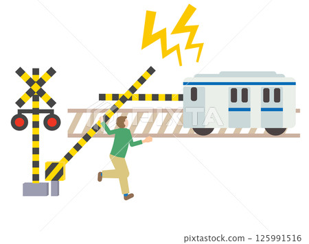 Illustration of a manually raised railroad crossing and an image of a train honking its horn and a person illegally crossing the railroad crossing Illustration of a manually raised railroad crossing and an image of a train honking its horn and a person illegally crossing the railroad crossing 125991516
