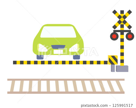 An illustration of a car waiting at a railroad crossing for a train to pass 125991517
