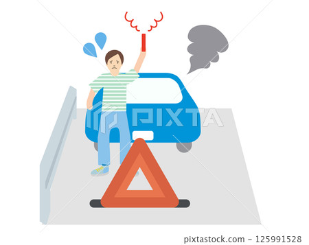 A simple illustration of a broken-down car emitting smoke and a driver holding a smoke bomb to warn the driver 125991528