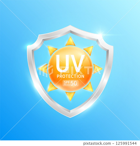 UV Protection and SPF 50 PA+ on orange sun in shield 3d silver aluminum. Protects against UVA, UVB, sunlight and ultraviolet attacks. For design cosmetic products ads. Health care concept. Vector. UV Protection and SPF 50 PA+ on orange sun in shield 3d silver aluminum. Protects against UVA, UVB, sunlight and ultraviolet attacks. For design cosmetic products ads. Health care concept. Vector. 125991544