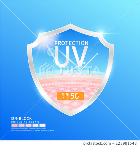 UV Protection with SPF 50 PA+++. Skin layer in shield arrow reflects light UVA UVB. Protects against sunlight ultraviolet attacks. For design cream skin care sunscreen cosmetic products ads. Vector. UV Protection with SPF 50 PA+++. Skin layer in shield arrow reflects light UVA UVB. Protects against sunlight ultraviolet attacks. For design cream skin care sunscreen cosmetic products ads. Vector. 125991548