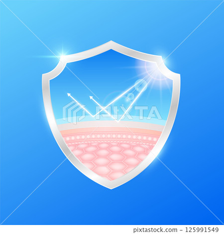 UV Protection with SPF 50 PA+++. Skin layer in shield arrow reflects light UVA UVB. Protects against sunlight ultraviolet attacks. For design cream skin care sunscreen cosmetic products ads. Vector. 125991549