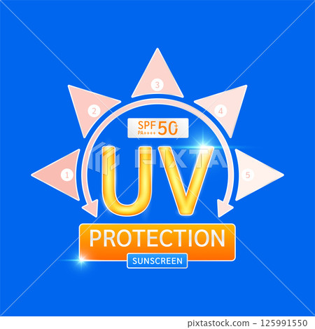 UV Protection with SPF 50 PA+. Protects against UVA, UVB, sunlight ultraviolet attacks. Arrow 5 levels different of whitening. Logo for design cosmetic products ads. Health care. Vector EPS10. 125991550