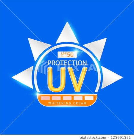 UV Protection with SPF 50 PA+. Protects against UVA, UVB, sunlight ultraviolet attacks. 5 levels different of whitening. Logo for design cosmetic products ads. Health care. Vector EPS10. UV Protection with SPF 50 PA+. Protects against UVA, UVB, sunlight ultraviolet attacks. 5 levels different of whitening. Logo for design cosmetic products ads. Health care. Vector EPS10. 125991551
