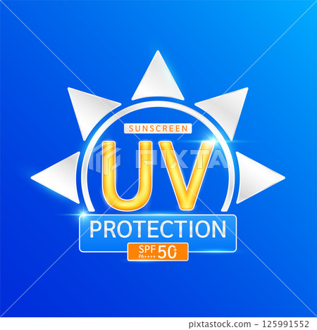 UV Protection with SPF 50 PA+. Protects against UVA, UVB, sunlight ultraviolet attacks. Logo for design cosmetic products ads. Health care. Vector EPS10. 125991552