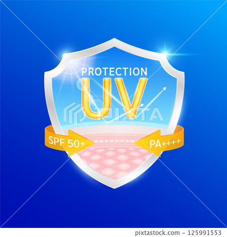 UV Protection. Skin layer in shield reflects light UVA UVB arrow SPF 50 PA+surrounded. Protects against sunlight ultraviolet attacks. For design cream skin care sunscreen cosmetic products. Vector. 125991553