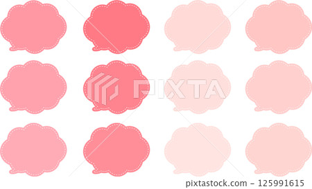 A set of pink cloud-shaped speech bubbles with a white dashed line around the inside and the tail of the speech bubble at the bottom left. 125991615