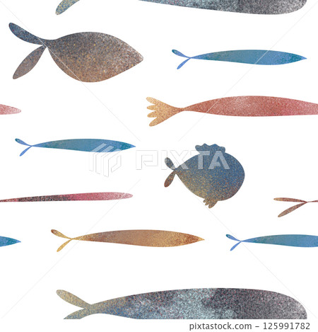Colorful fish in a watercolor seamless pattern. Hand-drawn digital illustration in a cute children's style. Perfect for kids' decor, books, and educational materials Colorful fish in a watercolor seamless pattern. Hand-drawn digital illustration in a cute children's style. Perfect for kids' decor, books, and educational materials 125991782