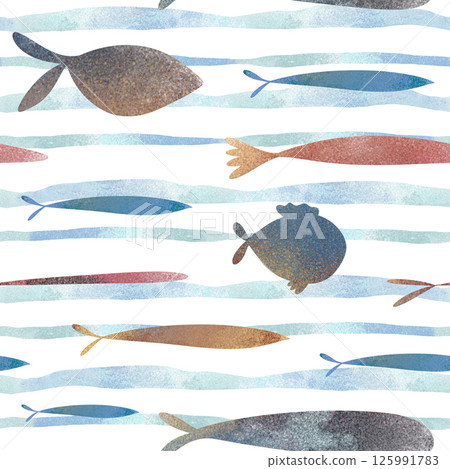 Seamless pattern and border with colorful fish in watercolor style, set against blue wavy lines. Hand-drawn digital illustration for kids' decor, books, and educational materials. Cute and playful 125991783