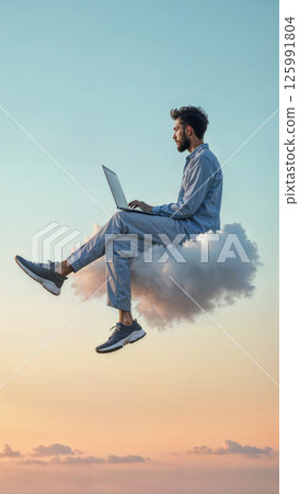 Relaxed IT man with a notebook sitting in the cloud. Image for advertising cloud services. Vertical Relaxed IT man with a notebook sitting in the cloud. Image for advertising cloud services. Vertical 125991804