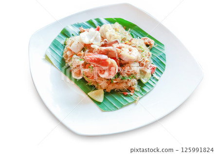 Top view of Glass noodles with shrimp squid and climbing wattle, focus selective 125991824