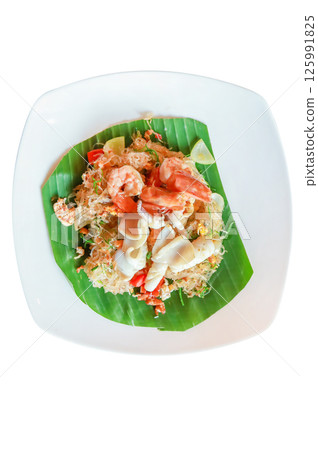 Top view of Glass noodles with shrimp squid and climbing wattle, focus selective 125991825