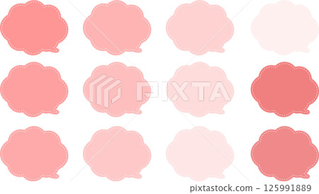 A set of colorful cloud-shaped speech bubbles in pink and skin tones. The tail of the speech bubble is at the bottom right. There is a white dashed line inside the speech bubble. 125991889