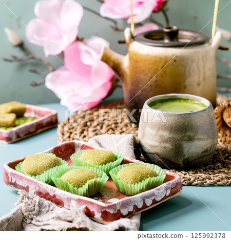 Asian rice dessert sweet green matcha mochi Asian rice dessert sweet green matcha mochi 125992378