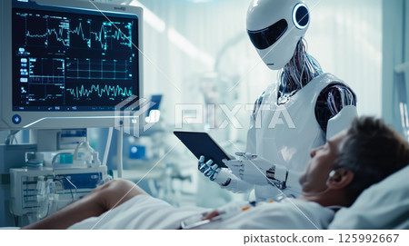 An A.I. robot doctor taking care of a patient. The concept of futuristic healthcare, artificial intelligence in medicine, and human-robot interaction for patient well-being. Generative AI 125992667