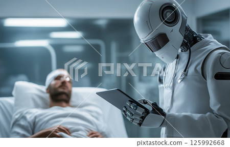 An A.I. robot doctor taking care of a patient. The concept of futuristic healthcare, artificial intelligence in medicine, and human-robot interaction for patient well-being. Generative AI 125992668