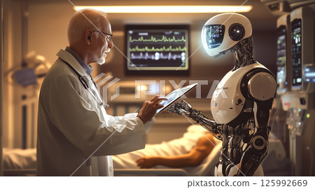 An A.I. robot doctor taking care of a patient. The concept of futuristic healthcare, artificial intelligence in medicine, and human-robot interaction for patient well-being. Generative AI 125992669