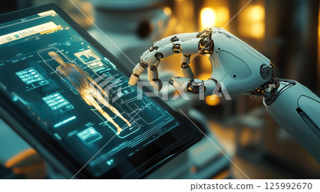 An A.I. robot doctor taking care of a patient. The concept of futuristic healthcare, artificial intelligence in medicine, and human-robot interaction for patient well-being. Generative AI 125992670