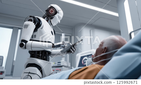 An A.I. robot doctor taking care of a patient. The concept of futuristic healthcare, artificial intelligence in medicine, and human-robot interaction for patient well-being. Generative AI 125992671