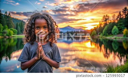 Little Girl Standing in Front of Lake. Generative AI 125993017