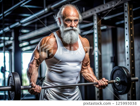 Fit Elderly Man With Long White Beard Holding Barbell. Generative AI 125993038