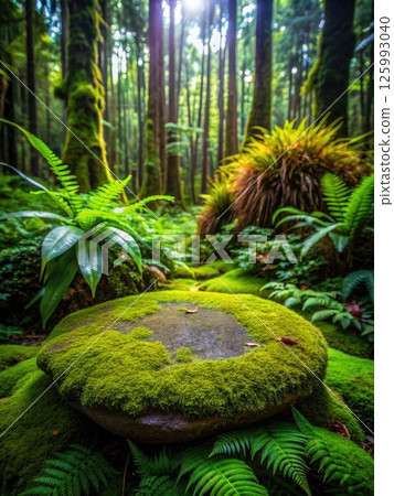 Moss Covered Rock in Forest. Generative AI 125993040