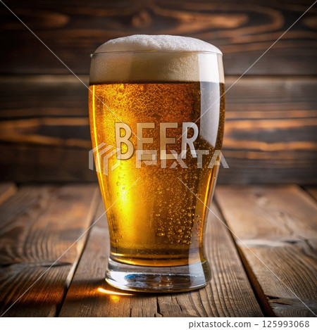 Glass of Beer on Wooden Table. Generative AI 125993068