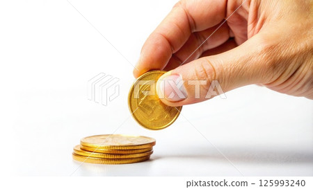 Person Placing Coin Into Stack of Coins. Generative AI 125993240