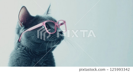 Stylish gray cat wearing pink glasses against minimal light background. Close-up profile view, modern and quirky concept ideal for humor, fashion, or pet-themed designs and ads. Banner Stylish gray cat wearing pink glasses against minimal light background. Close-up profile view, modern and quirky concept ideal for humor, fashion, or pet-themed designs and ads. Banner 125993342