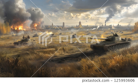 Dramatic Battlefield with Advancing Tanks 125993606
