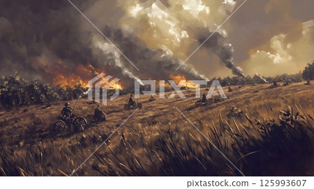 Dramatic Battlefield with Cannons and Smoke 125993607