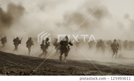 Soldiers Charging Through Dusty Battlefield 125993611
