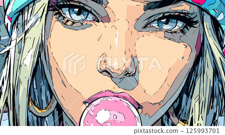 Pop art style illustration of a woman blowing gum 125993701
