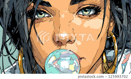 Pop art style illustration of a woman blowing gum 125993702