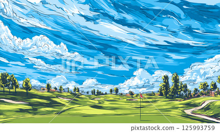 Aerial view of a beautiful golf green 125993759