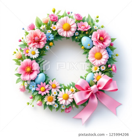 Colorful easter floral wreath with eggs and pink ribbon for spring celebration decor. 125994206