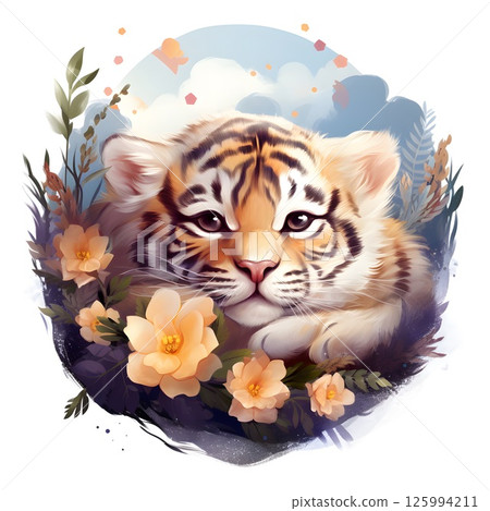 Illustration of a cute tiger, delicate pastel flowers. For nursery decor, watercolor children's book image, greeting cards, wallpapers, and artistic prints. 125994211