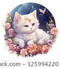 Illustration of a cute cat delicate pastel flowers starry night sky. For nursery decor, children's book image, greeting cards, wallpapers, round poster, artistic prints. 125994220